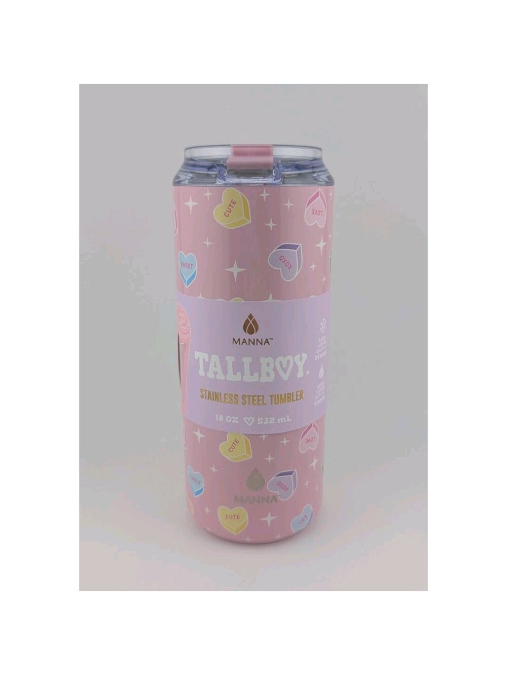 Manna 18oz Pink Tallboy Tumbler Rainbow Candy Hearts Conversation Valentine's